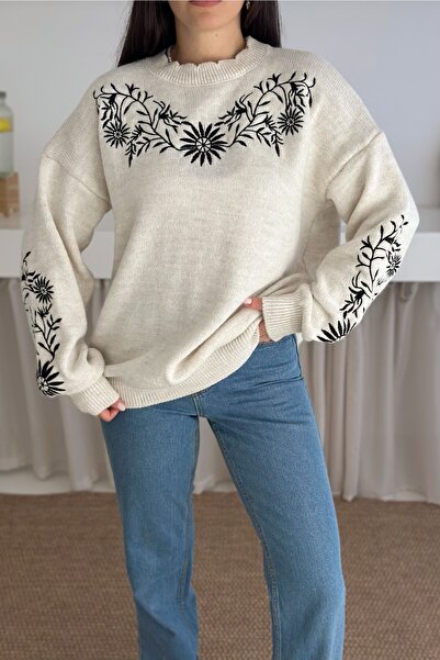 FEMELLE Pulover oversize cu broderie bej, mărime standard