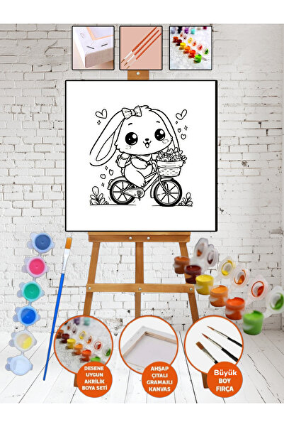 Elittablo Sayılarla Kanvas TAVŞAN BİSİKLET Boyama 20x20 Tuval Fırça Etkinlik ...