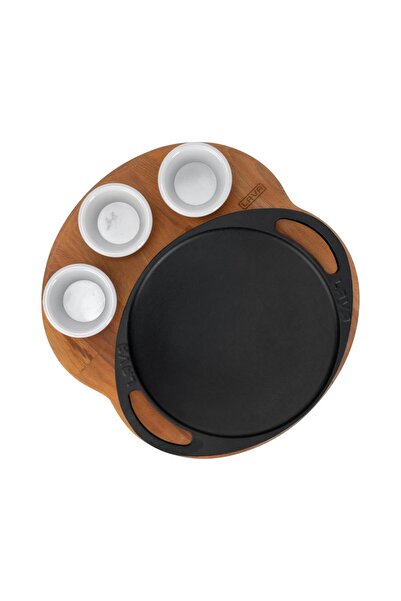 Lava Cast Iron Round Hair Roasting Pan Cast Iron Solid Double Handle Beech Serving Wood Diameter: 20cm