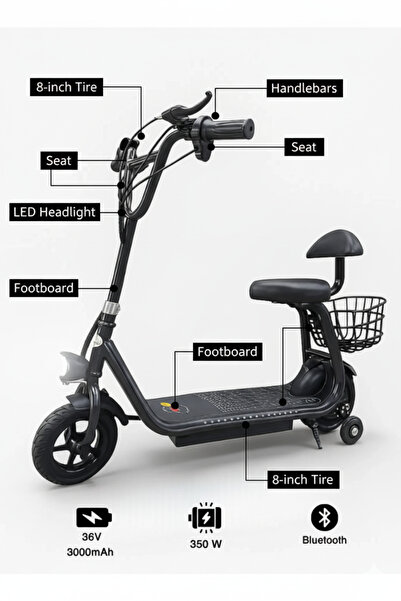 niyazi سكوتر كهربائي للأطفال بمقعد وسلة تخزين | 350 واط | 36 فولت | قابل للطي...