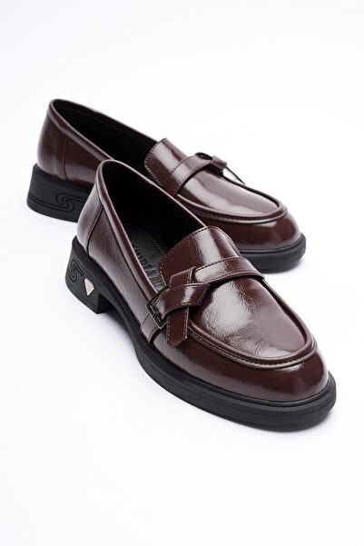 Mubiano Women's Patent Leather Loafer Platinum Buckle Brown Elor