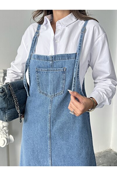 blue marlın KADIN UZUN MAVİ ASKILI BAHÇEVAN KOT ELBİSE