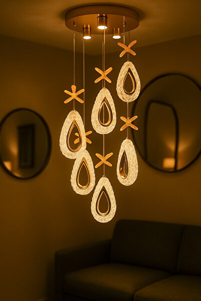 Fer Avize Arel 6lı Modern Led Avize Gold Renk Kristal Görünüm Gün Işığı Enerji Tasarruflu Salon Yemek Odası