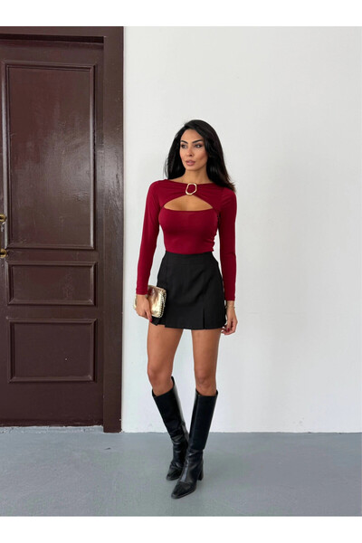 hazelin Women's Burgundy Low-Cut Metal Detailed Long Sleeve Blouse Hzl25W-Fry123501