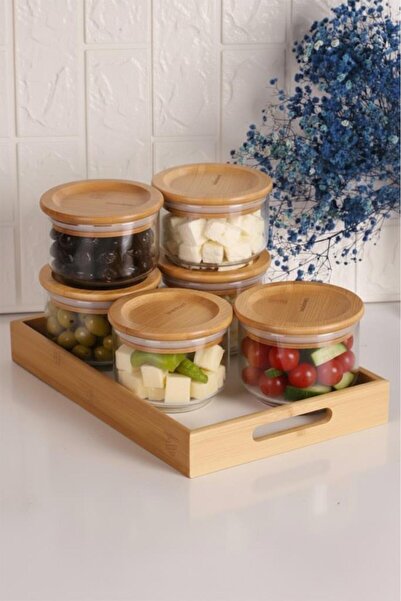 Atbyhome طقم أكواب زجاجية للإفطار من بامبوم ديو سعة 300 مل، 6 قطع مع صينية بيضاء وغطاء من الخيزران