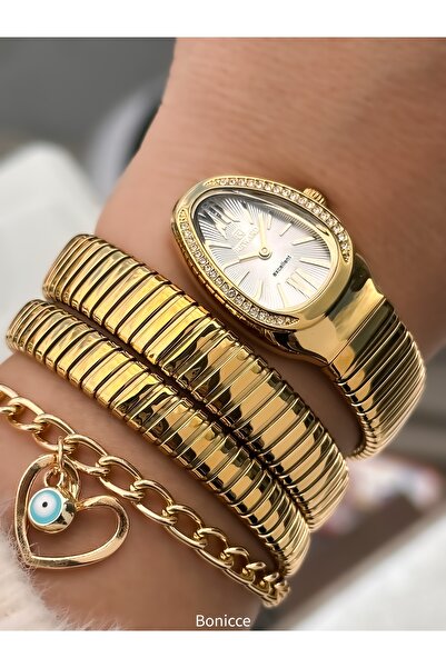 Reward Stone Snake Watch from Thick to Thin (2 Rounds), Small Case (24 Diameter), 3 Atm Gold Steel Band, Bracelet