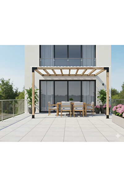 iAhşap 3 x 4 Metre Sundurma Pergole Braket Seti 2 Ana Direkli Trapez Sac Gölgelikli