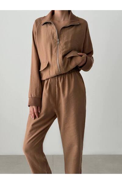 MİSSCİXFASHİON طقم نسائي مكون من بنطلون بخصر مطاطي وسترة بسحاب للإغلاق