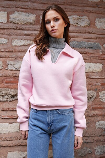 VAGGON Women's Pink Polo Neck Ribbed 3 Thread Sweatshirt Vs01216