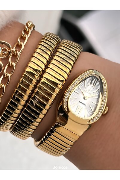 Reward Stone Snake Watch from Thick to Thin (2 Rounds), Small Case (24 Diameter), 3 Atm Gold Steel Band, Bracelet