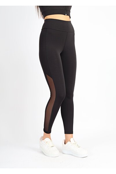 soft&basic Siyah Polyester Paçası Tül Detaylı Yüksek Bel Tayt