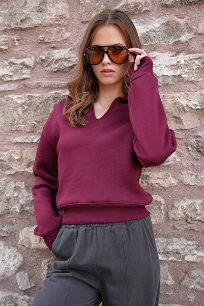 VAGGON Women's Burgundy Polo Neck Ribbed 3 Thread Sweatshirt Vs01216
