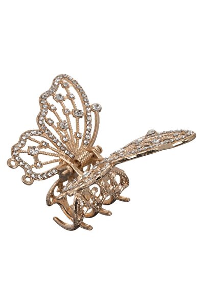 OEM Gold Metallic Butterfly Hair Clip with Silver Rhinestones for Women 6cm