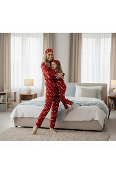 Şimo Butik Anne Kız Pijama Takımı Premium Süet Uyku Bantlı Önden Düğmeli Uzun Kollu Kışlık Kalpli Kırmızı