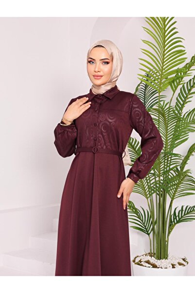 QUAWEAR Shirt Collar Cuffed Buttoned Sleeves Belted Top Size Printed Imported Knitted Fabric Full Length Dress