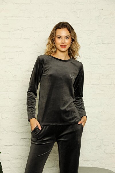 bie's Women's Grey Crew Neck Buttonless Silky Soft Velvet Winter Long Sleeve Pajama Set with Pockets