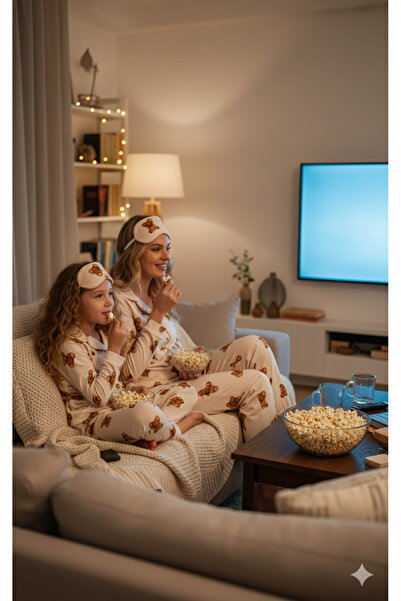 Şimo Butik طقم بيجامة للأم والابنة من الجلد المدبوغ الفاخر بأكمام طويلة وأزرار أمامية مع دمية دب باللون البيج للشتاء