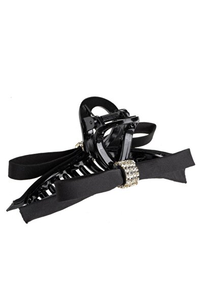OEM Black Satin Bow Hair Clip with Silver Rhinestones for Women 11cm
