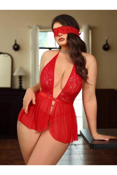 Nightlight Women's Black Tulle Lace Detailed Mini Plus Size Nightgown