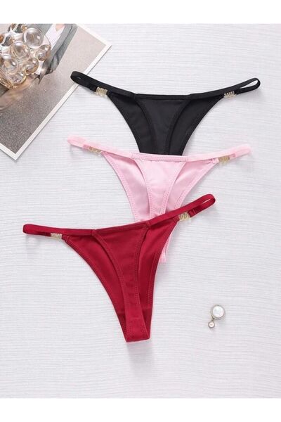 Maly Love Kadın Siyah Pembe Bordo 3lü Paket Halka Aksesuar Detaylı Tanga