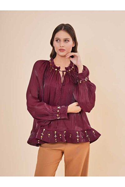 SERPİL Fırfır ve Boncuk Detaylı Şifon Bluz 50413