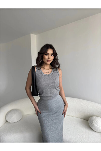 hazelin Γυναικείο Σετ Φούστα με μακρύ σκίσιμο σε γκρι πλεκτό χρώμα HZL25W-ZK1991