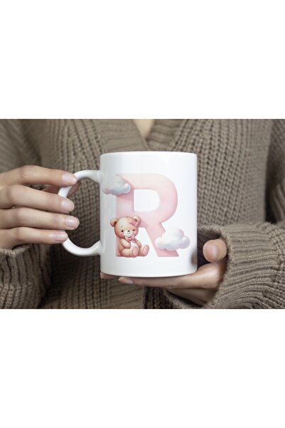 Beramussa كوب بحرف R الأولي مع تفاصيل دب لطيف، كوب وردي جميل كهدية - تمثال دب...