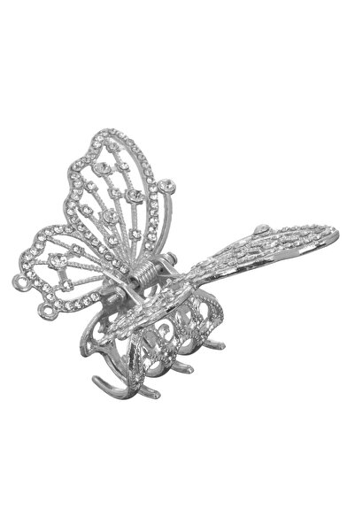 OEM Silver Metallic Butterfly Hair Clip with Silver Rhinestones for Women 6cm