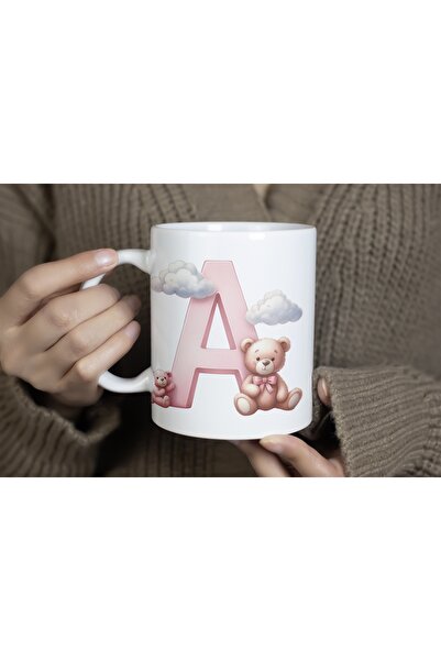 Beramussa A Initial Letter Cute Teddy Bear Detailed Mug Cup, Sweet Pink Cup G...