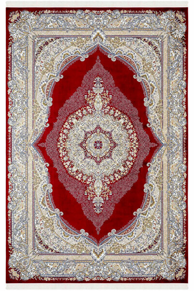 Halı Sepeti Enti Herat 2805 kırmızı Klasik Salon Halısı Çerçeveli Göbekli Parlak Dokuma Lüks Vintage Halı
