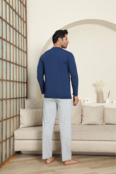 LİLA İÇ GİYİM Чоловічий бавовняний піжамний комплект з довгими рукавами, темно-синій