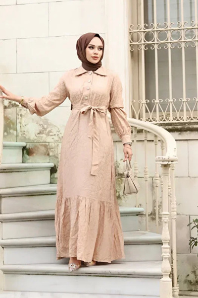 Tesettür Diyarı فستان نسائي من الجاكار بياقة وحزام للحجاب