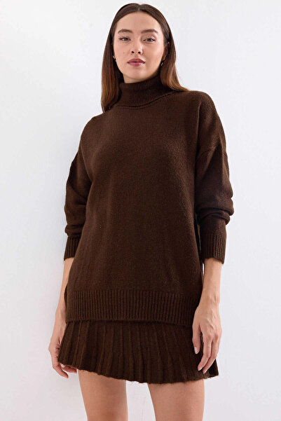 hazelin Women's Brown Sweater Skirt Knitwear Two-Piece Set Hzl25W-Bd1102641