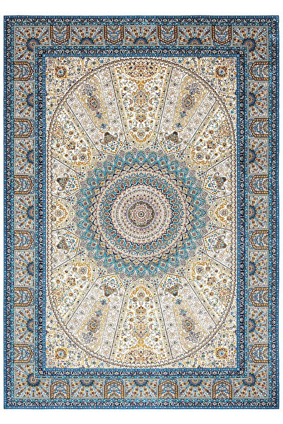 Halı Sepeti Enti Herat 2803 Mavi Klasik Salon Halısı Çerçeveli Göbekli Parlak Dokuma Lüks Vintage Halı
