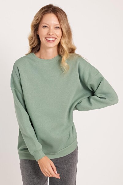 Tudors Women's Oversize Wide Cut Cotton 3 Thread Crew Neck Khaki Sweatshirt