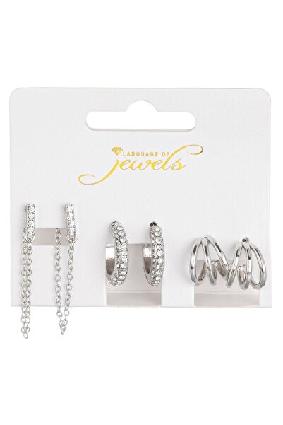 OEM Silver Color Hoop Earrings with Rhinestones for Women - 3 Pairs