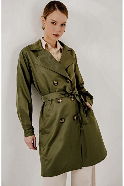 rushana Women's Double-Breasted Collared Trench Coat with Belt and Back Detail