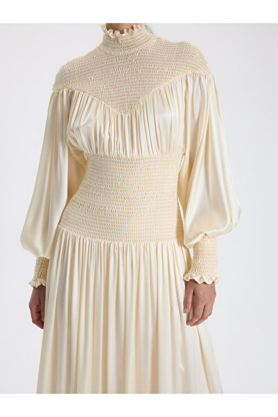 BAQA Ekru Büzgülü Uzun Elbise