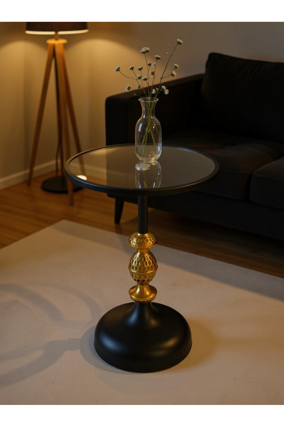 Living طاولة جانبية زجاجية بإطار فولاذي أسود ولمسة ذهبية أنيقة