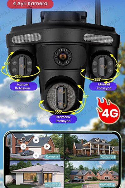 Kadraj 4 Kameraları 4G - eSim Solar Panelli, Her ay 15GB Turkcell 1 Yıl Hediyeli, 7/24 Kayıt Aov, Hareket A