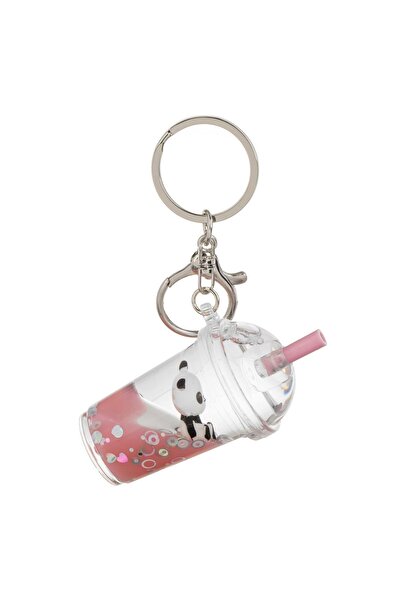 OEM Pink Milkshake Glass Keychain with Silver Panda Confetti for Kids 7.5cm