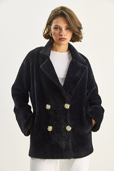Bianco Lucci Women's Stylish Button Detailed Oversized Plush Coat with Pockets and Lining 0306 60283614