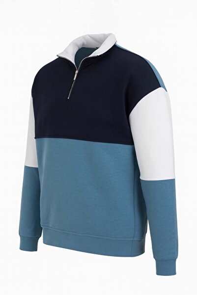 trender Half Zipper Segmented 3 Thread Raised Blue Men's Sweatshirt 5719
