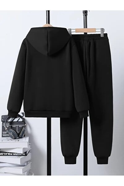 buendiakids Kız/Erkek Çocuk Siyah Boston l Baskılı Kapşonlu Eşofman Altı Takım