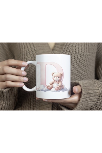 Beramussa كوب بحرف D الأولي مع تفاصيل دب لطيف، كوب وردي جميل كهدية - تمثال دب...
