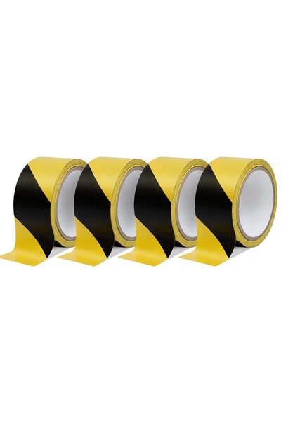 MARKQ [Pack of 4] Hazard Warning Tape [2" x 20 Yards] Black & Yellow Adhesive Tape for Barricades & Floors