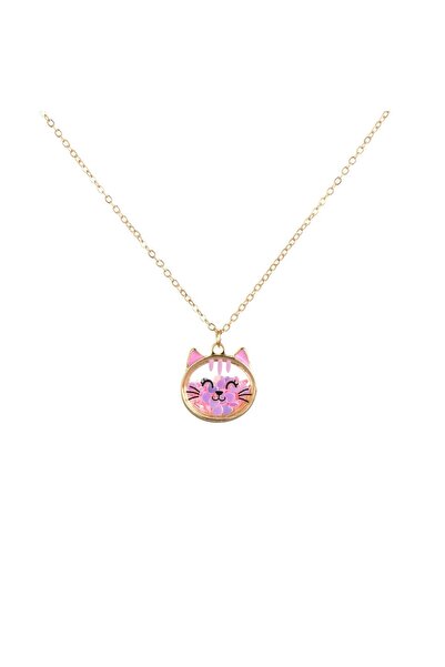 OEM Gold-Colored Chain Necklace & Cat Pendant with Pink Confetti