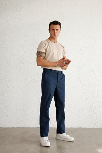 BRACCAS Men's Dobby Slim Fit Navy Blue Trousers