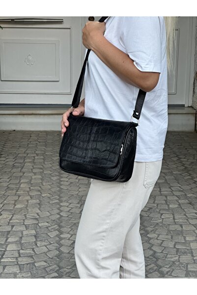 Deribag Genuine Leather, Crossbody Strap, Casual Bag, Women's Shoulder Bag, Syah Patterned 25*21*8 cm