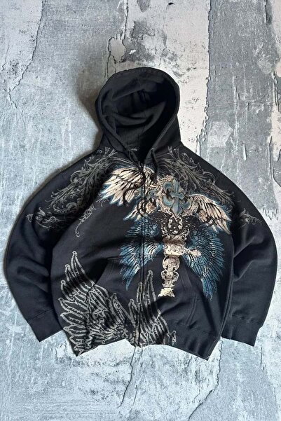 Köstebek Gothic Tribal Wings Kapüşonlu Sweatshirt